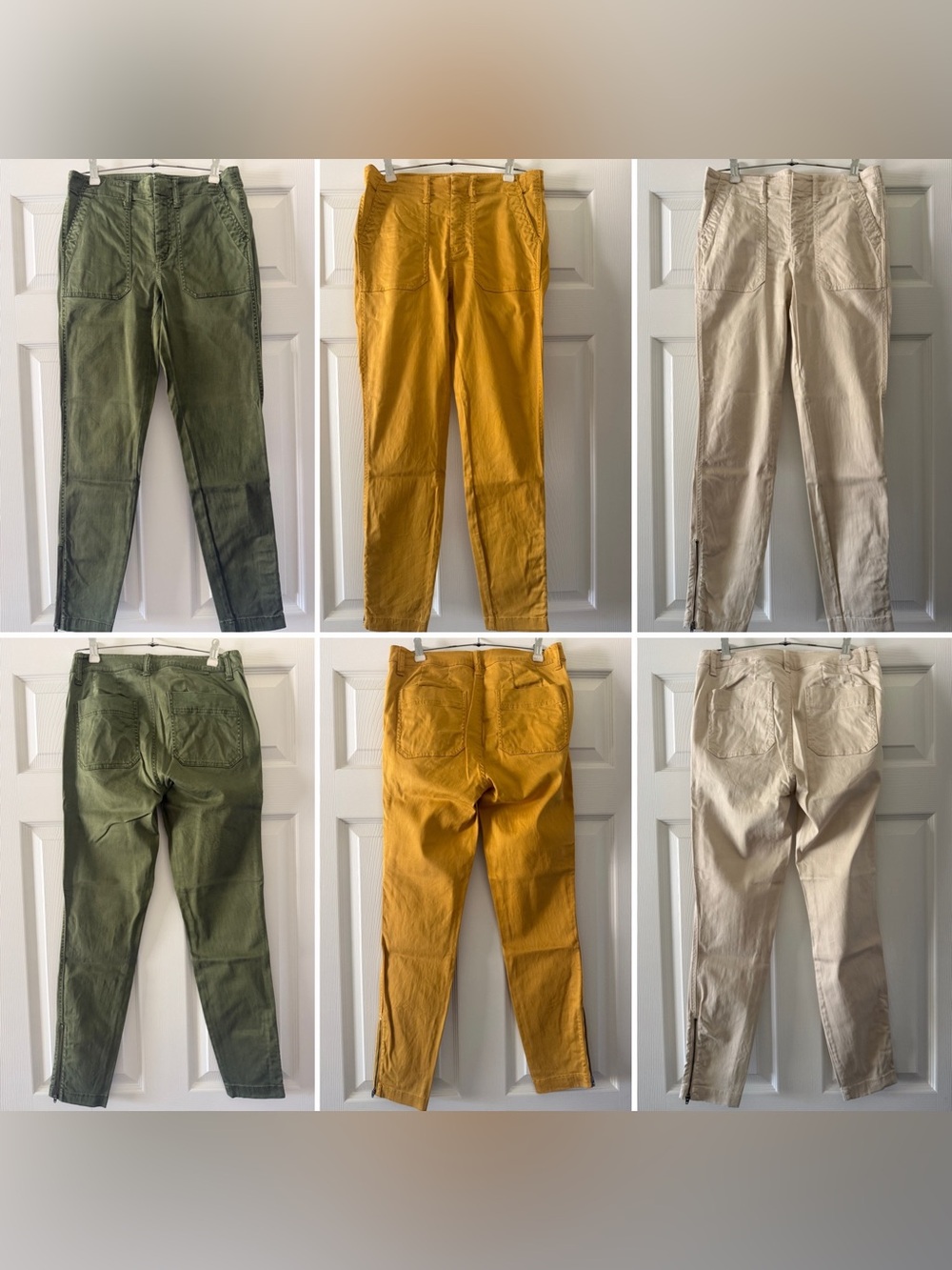 J. Crew Green Gold Beige Skinny Stretch Cargo Pants with Zippers Trio